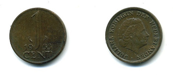 Нидерланды 1 цент 1955 Юлиана (1948-1980) КМ 180 бронза 35-1339