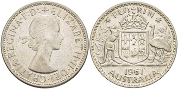 Австралия 1 флорин 1961 Елизавета II (1952-2022), герб Австралии KM 60 серебро 4512-1242