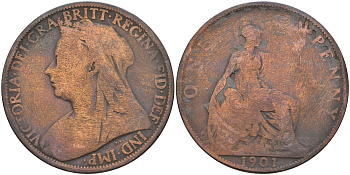 Великобритания 1 пенни 1901 Виктория (1837-1901) KM 790, Spink 3961 бронза    4157-941
