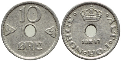 НОРВЕГИЯ 10 ЭРЕ 1947 ХОКОН VII (1905-1957) KM 383 медно-никель 4396-368