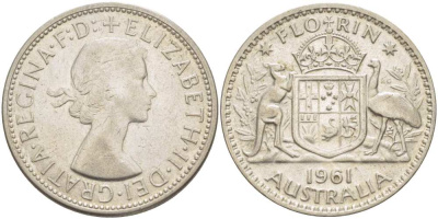 Австралия 1 флорин 1961 Елизавета II (1952-2022), герб Австралии KM 60 серебро 4512-1242