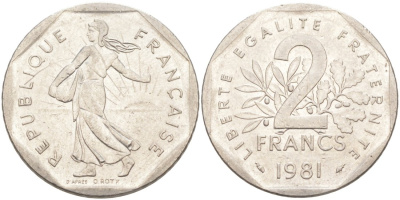 Франция 2 франка 1981 KM 942.1 никель 63-636
