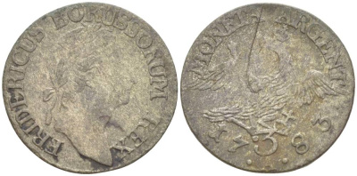 Силезия 3 крейцера 1783 A, Фридрих II Прусский (1740-1786), вес 1,65 гр., монетный двор Берлин KM 24 серебро 1517-1222