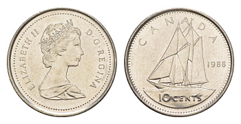 Канада 10 центов 1988 Елизавета II (1952-2022), парусник KM 77 никель UNC 4639-651