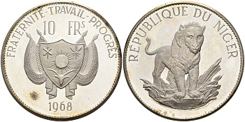 Нигер 10 франков 1968 лев, без черты над Е, в слове Republique KM 8.2 серебро PROOF 1098-4-41