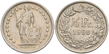 Швейцария 1/2 франка 1968  KM 23а.1 медно-никель    4152-1145