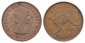 Австралия 1 пенни 1963 . , Елизавета II (1952-2022), кенгуру KM 56 бронза 81-116