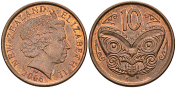Новая Зеландия 10 центов 2006 маска Маори, Елизавета II (1952-) KM 117а сталь плакированная медью 175-1141