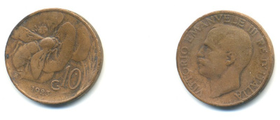 ИТАЛИЯ 10 ЧЕНТЕЗИМО 1923 R, ВИКТОРИО ЭМАНУИЛ, ПЧЕЛА KM 60 медь 80-1157