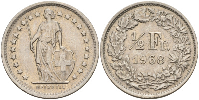 Швейцария 1/2 франка 1968  KM 23а.1 медно-никель    4152-1145