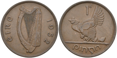 Ирландия 1 пенни 1952 курица с цыплятами KM 11 бронза 88-836