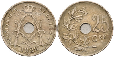 БЕЛЬГИЯ 25 САНТИМОВ 1929 BELGIE KM 69 медно-никель 4589-746