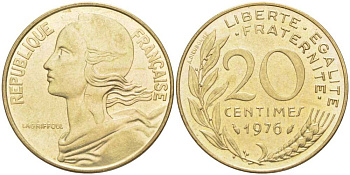 ФРАНЦИЯ 20 САНТИМОВ 1976 ТИП MARIANNE KM 930, LE FRANC 156.16 алюминиевая бронза 217-234