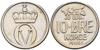 Норвегия 10 эре 1965 Улаф V (1957-1991) КМ 411 медно-никель    4169-324