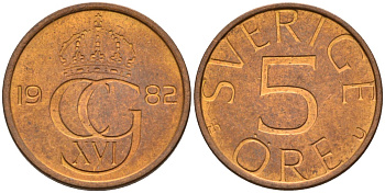 Швеция 5 эре 1982 Карл XVI Густав (1973- ) KM 849 бронза UNC 4585-342