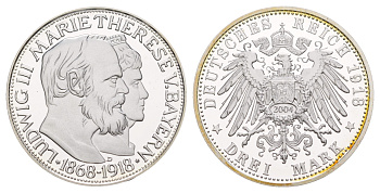 Бавария 3 марки (НОВОДЕЛ) 1918 (2004) Баварская Свадьба - 50 лет со дня свадьбы короля Людвига III и Марии Терезы, новодел типаж - KM 1010 серебро PROOF 11-157-33