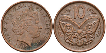 Новая Зеландия 10 центов 2006 маска Маори, Елизавета II (1952-) KM 117а сталь плакированная медью 186-1155