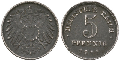 Германия 5 пфеннигов 1916 A, Вильгельм II (1888-1918) KM 19, AKS 17, J 297, Schon DM 20, Neum 33 железо 4588-213