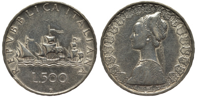 Италия 500 лир 1958 R, корабли Колумба KM 98 серебро 69-126