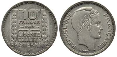 Франция 10 франков 1949 B, тип Пьер Турин, PETIT TETE KM 909.2, LE FRANC 362.7 медно-никель 27-834