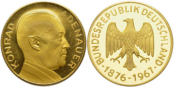 ФРГ МЕДАЛЬ ND КОНРАД АДЕНАУЭР (1876-1967), ПЕРВЫЙ ФЕДЕРАЛЬНЫЙ КАНЦЛЕР ФРГ (1949-1953), ДИАМЕТР 35 ММ. жёлтый металл 4527-625
