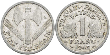 ФРАНЦИЯ 1 ФРАНК 1942 LB, ТИП LOURDЕ, ПРАВИТЕЛЬСТВО ВИШИ KM 902.1, LE FRANC 222.2 алюминий 175-437