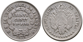 БОЛИВИЯ 20 СЕНТАВО 1871 ER KM 154.1 серебро 4179-1346