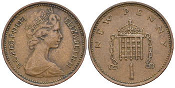 Великобритания 1 пенни 1971 Елизавета II (1952-2022) KM 915, Spink 4237 (B1) бронза 4609-465