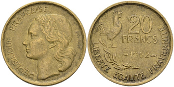 Франция 20 франков 1952 B, петух KM 917.1 алюминиевая бронза 4606-721