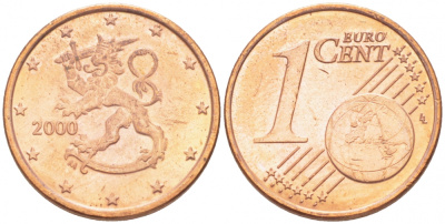 ФИНЛЯНДИЯ 1 ЕВРОЦЕНТ 2000 KM 98 сталь плакированная медью UNC 3457-1153
