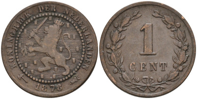 Нидерланды 1 цент 1878 Виллем III (1849-1890) KM 107 бронза 4576-537