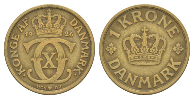 Дания 1 крона 1926 HCN, Кристиан X (1912-1947) KM 824 алюминиевая бронза 4657-347