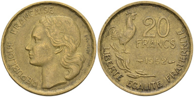 Франция 20 франков 1952 B, петух KM 917.1 алюминиевая бронза 4606-721