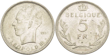 Бельгия 5 франков 1937 Леопольд III (1934-1951), Belgique KM 118 никель 3851-513