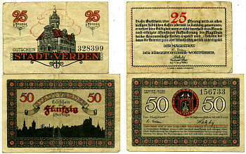 ФЕРДЕН НАБОР ИЗ 2 БАНКНОТ 1920 1 ИЮНЯ 1920, НОТГЕЛЬД (25 И 50 ПФЕННИГОВ), ЗЕМЛЯ НИЖНЯЯ САКСОНИЯ Grabowski V3.4a, V3.4b бумага 2193-8-2-1