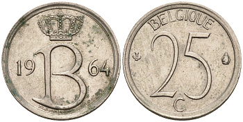 Бельгия 25 сантимов 1964 Belgique, Бодуэн I (1951-1993) KM 153.1 медно-никель 4189-111