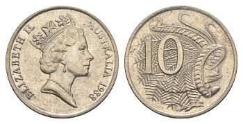 Австралия 10 центов 1988 Елизавета II (1952-2022), птица лирахвост KM 81 медно-никель aUNC 4384-121