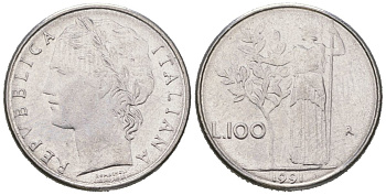 Италия 100 лир 1991 R, Афина в доспехах KM 96.2 нержавеющая сталь 4618-661