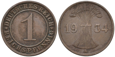 Германия 1 рейхспфенниг 1934 A, Веймарская республика KM 37 бронза 4387-914