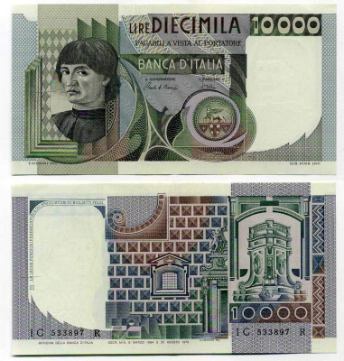 Италия 10000 лир 1984 Мужской портрет Андреа дель Кастаньо Pick 106c 7204-27-3