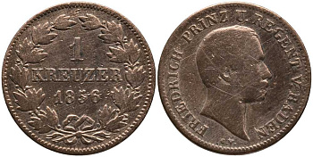Баден 1 крейцер 1856 Людвиг II Баденский KM 231 медь 117-446