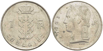 БЕЛЬГИЯ 1 ФРАНК 1963 BELGIE, БОДУЭН I (1951-1993) KM 143.1 медно-никель 119-554