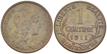 ФРАНЦИЯ 1 САНТИМ 1911 ТРЕТЬЯ РЕСПУБЛИКА (1871-1940) KM 840, LE FRANC 105.13 бронза 201-842