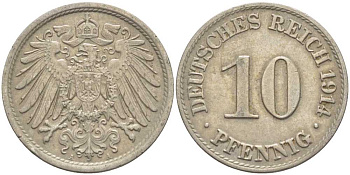 ГЕРМАНИЯ 10 ПФЕННИГОВ 1914 А KM 12, J. 13 медно-никель 210-716