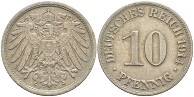 ГЕРМАНИЯ 10 ПФЕННИГОВ 1914 А KM 12, J. 13 медно-никель 210-716