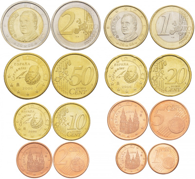 Испания полный евронабор из 8 монет 2006 1, 2, 5, 10, 20, 50 евроцентов, 1 и 2 евро KM 1040, 1041, 1042, 1070, 1071, 1072, 1073, 1074 4685-231-238