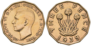 Великобритания 3 пенса 1939 Георг VI (1936-1952) KM 849, Spink 4112 никель латунь 4579-713