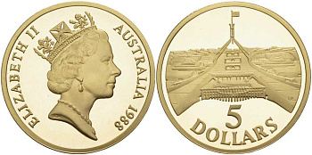 Австралия 5 долларов 1988 новое здание Парламента Австралии, в оригинальной коробке, с сертификатом, тираж 80000 экземпляров KM 102 алюминиевая бронза PROOF 7-5-1-20