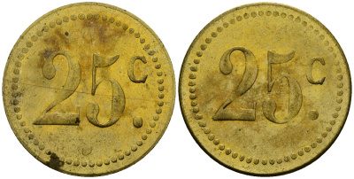 Франция 25†сантимов XIX-XX век ресторанный жетон латунь 4166-1131