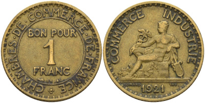 Франция 1 франк 1921 KM 876, Le Franc 218.5 алюминиевая бронза 4142-614